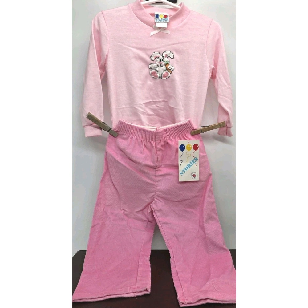 1980s Vtg Pink Stories Brand Two-piece Outfit Cross Stitch Embroidered Rabbit 2T - Picture 2 of 6